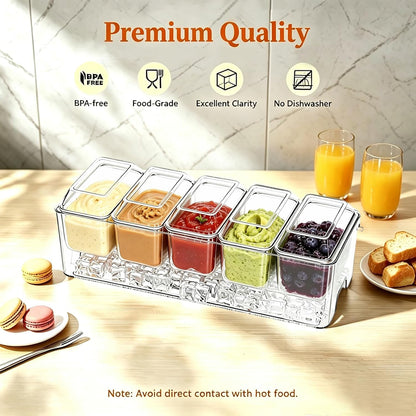 Ice Chilled Condiment Caddy, Clear Condiment Tray with 5 Containers & Lids & Accessories, Ice Garnish Serving Platter for Taco Party & Mimosa Bar, Lemonade Stand, Buffet Hosting (5PC/Set)