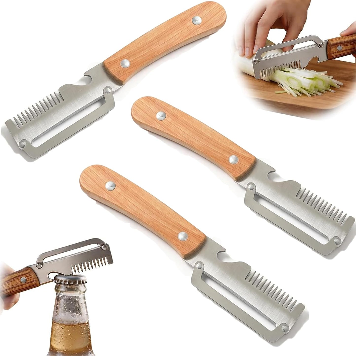 3Pcs Multifunctional vegetable peeler 2026 New 3 in 1 Stainless Steel Blade Wooden Handle Bottle Opener Kitchen Tool For Veggie Fruit