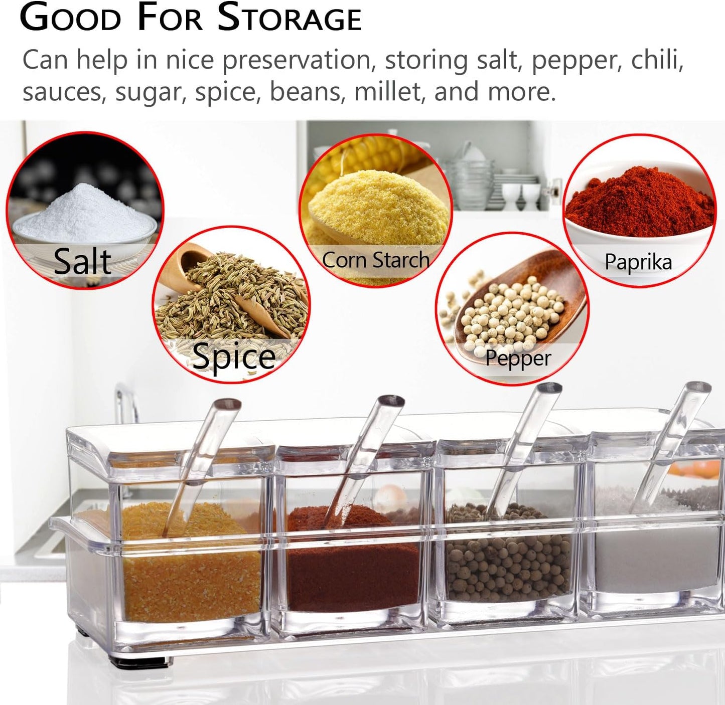 V·RESOURCING Clear Seasoning Box, 3 Pieces Seasoning Rack Spice Pots Storage Container for Spice Salt Sugar Cruet Liquid,Condiment Jars with 3 Spoons