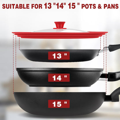 Extra Large 13-14-15 in Universal Lid for Oversized Pots, Pans and Skillets, Pot Lid Tempered Glass Lid with Heat-Resistant Silicone Edge, Cookware Lids, Replacement Frying Pan Cover