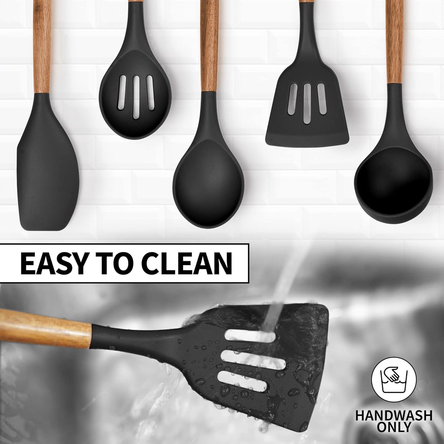 Zulay Kitchen Utensils Set Non-Stick Silicone Cooking Utensils Set with Authentic Acacia Wood Handles - 5 Piece Silicone Utensil Set - Kitchen Utensils Set with 464°F Heat Resistance - Gray