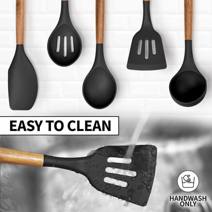 Zulay Kitchen Utensils Set Non-Stick Silicone Cooking Utensils Set with Authentic Acacia Wood Handles - 5 Piece Silicone Utensil Set - Kitchen Utensils Set with 464°F Heat Resistance - Gray