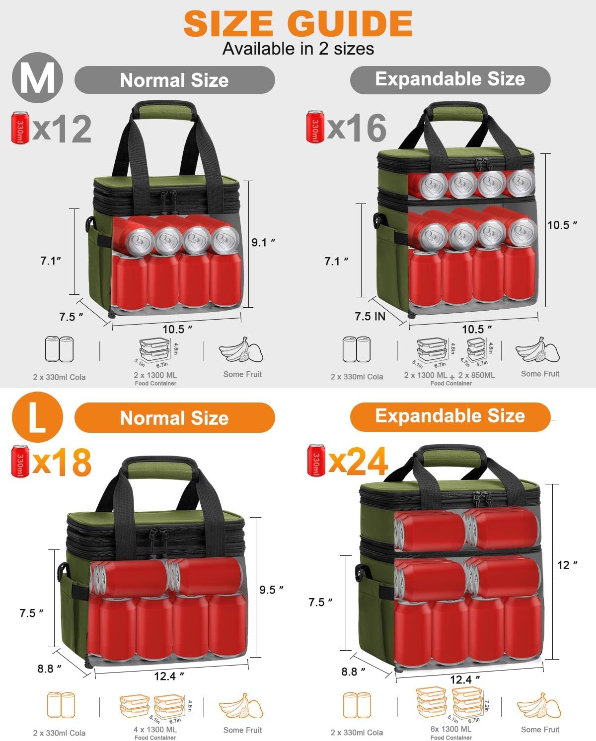 Pritent Lunch Box For Men Women Double Deck Insulated Lunch Bag For Men Woman Leakproof Expandable Cooler Bag with Adjustable Shoulder Strap for Kids Shool Work Picnic Camping(Beige,Large)