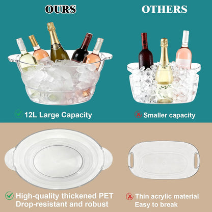 12L Ice Buckets for Parties 2 Pack, Clear Beverage Tub with Handles, Ideal for Champagne Beer Wine Chiller 18.5"×11.2"×9.1"