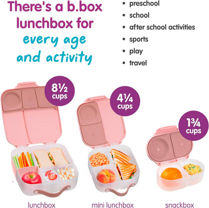 b.box Snack Box 2-Pack - Leak Proof Mini Bento Box for Kids & Toddlers, 2 Compartment Snack Containers for Kids, Dishwasher Safe, BPA-Free, PFAS-Free, Ages 4mo+, 1 3/4 Cup Each (Strawberry + Lilac)