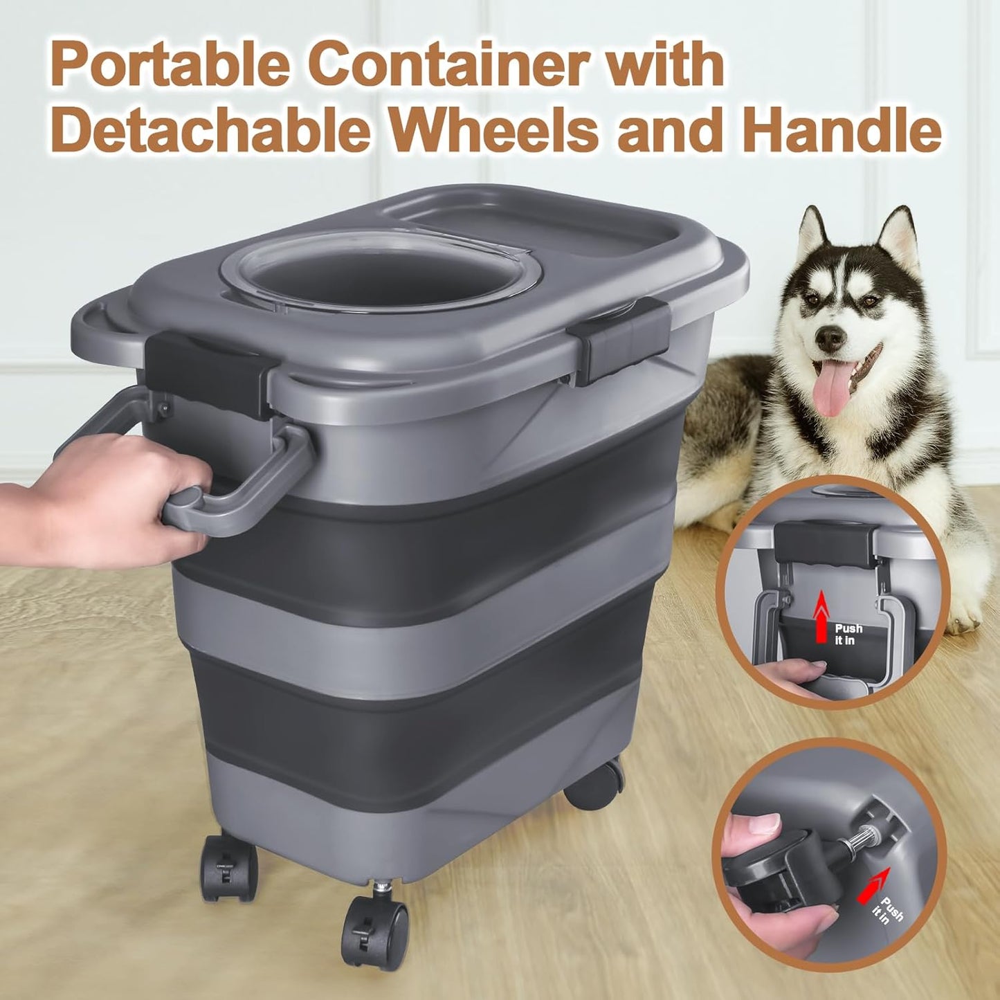 Dog Food Storage Container，10-25 lbs Airtight Collapsible Cat Food Storage Container with Attachable Wheels, Portable Handle, Dog Food Scoop for Dog Cat Bird Pet Dry Food Storage Bin Light Grey