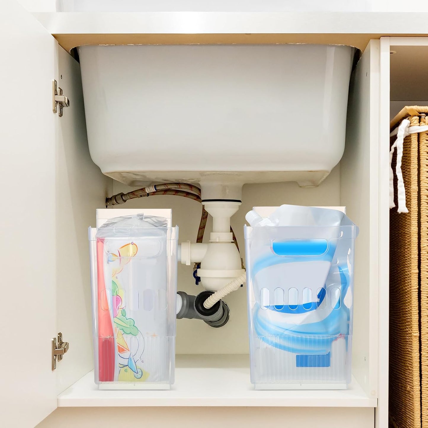 Qunclay 6 Plastic Freezer Organizer Bins with Wheel Set Clear Tall Narrow Kitchen Pantry Organizer Snack Storage Containers for Office Refrigerator(3 Sizes)