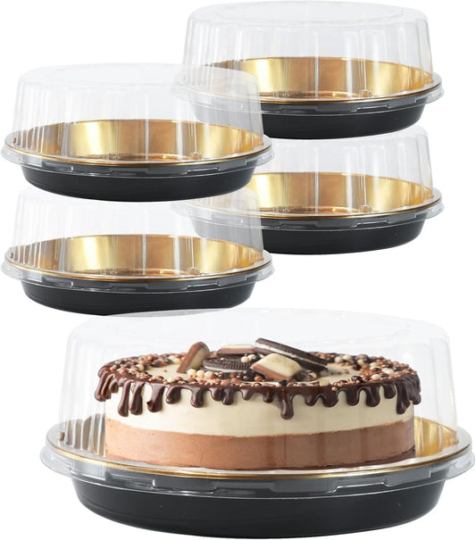 5Pack 10inch Round Clear +Gold Cake Carriers for Transport Plastic Cake Containers Carriers with Dome Lids and Cake Boards Clear Bundt Cake Boxes