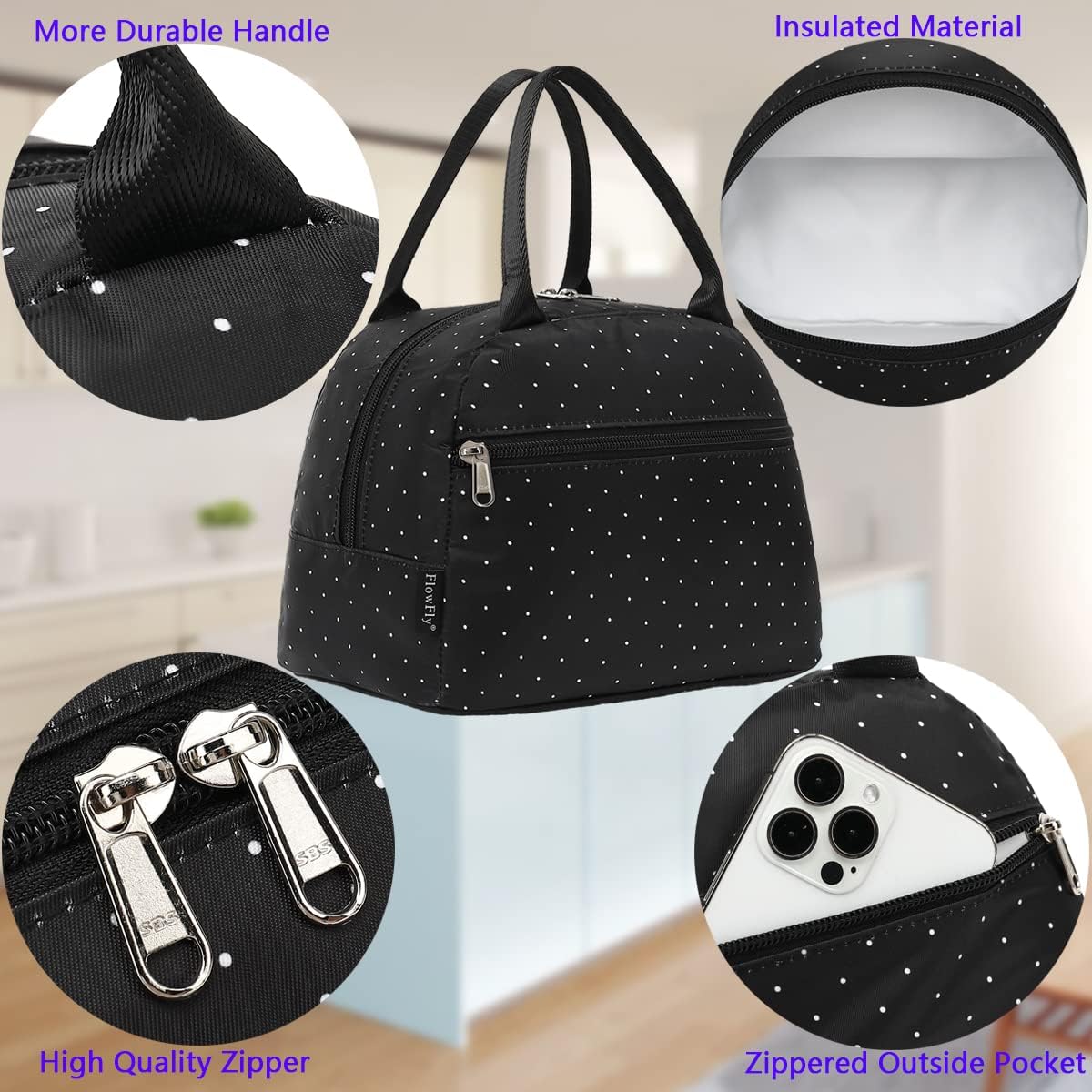 FlowFly Insulated Lunch Cooler Bag - Tote Bag Organizer for Women/Men, Black - Colors B