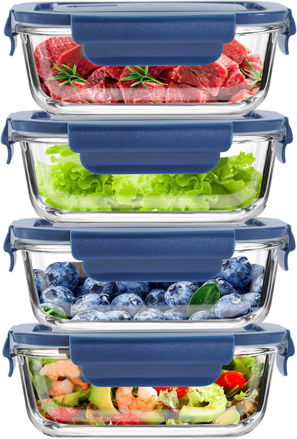 FEOOWV 4Pack 13oz/0.37L Glass Meal Prep Containers with Lids, Glass Storage Containers with Lids, BPA-Free, Pantry Organizers and Storage, Freezer to Oven Safe (Pink)