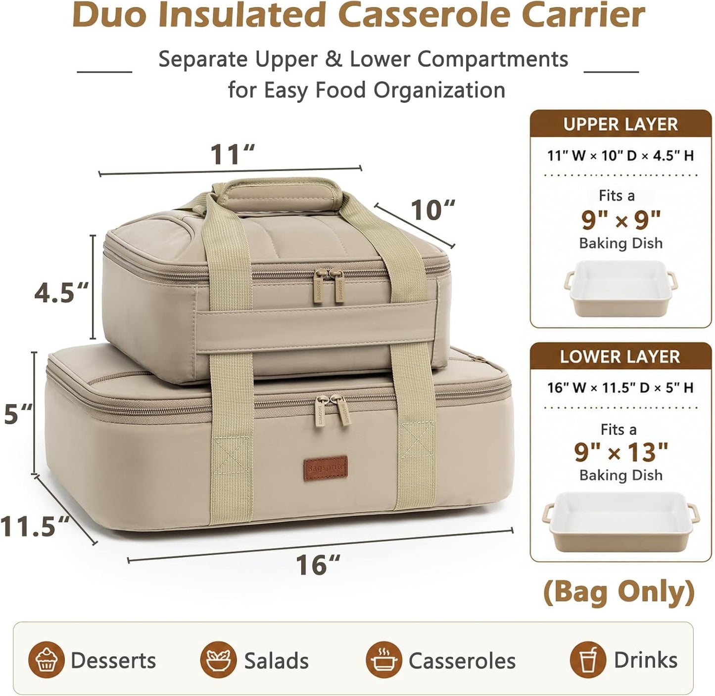 2-Piece Insulated Casserole Carrier Set, Fits 9" x 13" Baking Dish, Food Transport Carrier for Hot & Cold Dishes, Reusable Potluck Tote for Thanksgiving, Holiday Parties, Family Gatherings & Travel