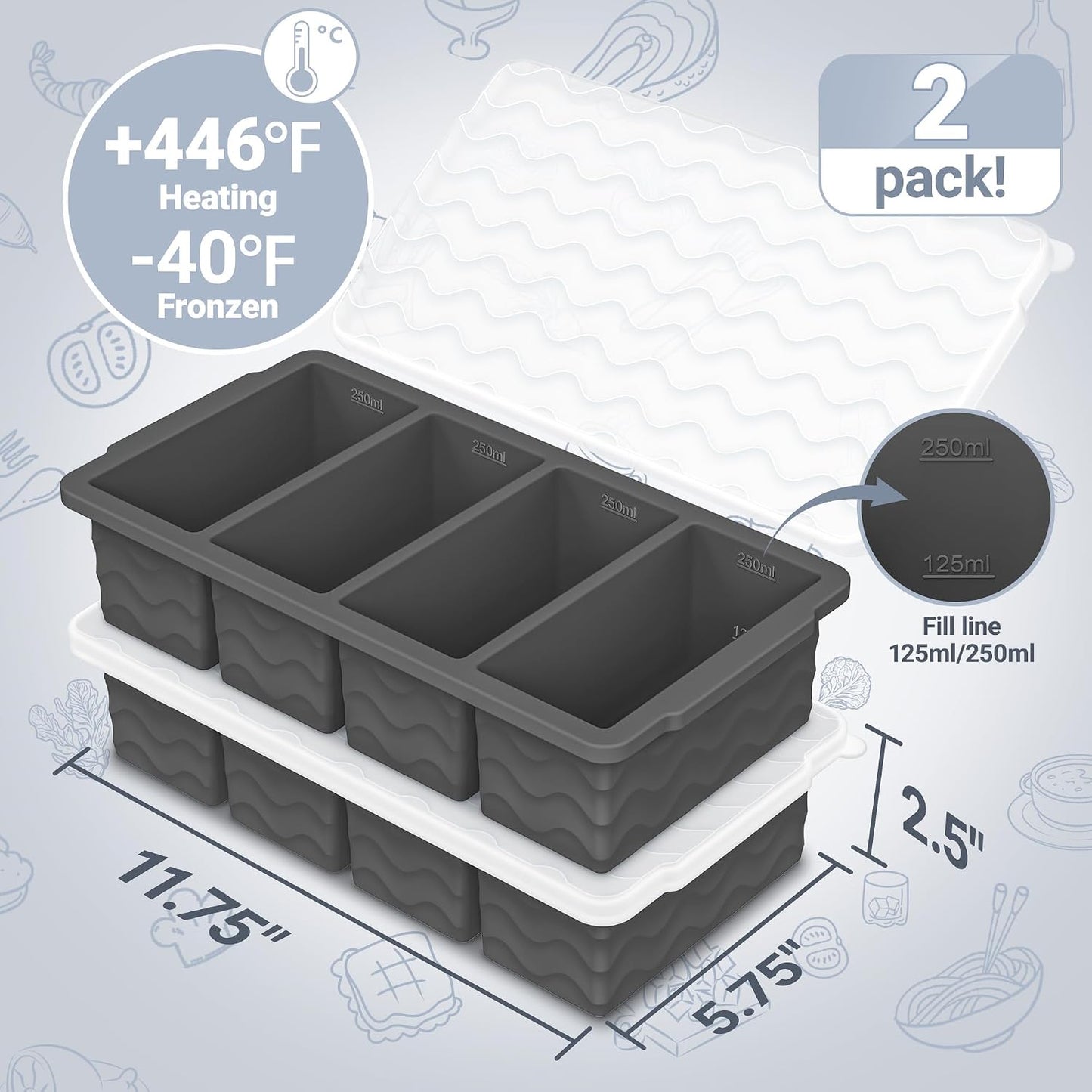 Doasuwish Silicone Freezer Molds for Soup with Lid – 1-Cup Soup Container Style Ice Cube Trays for Freezer, Meal Prep & Food Storage, Freeze 250mL/125mL Portions – 2 Pack