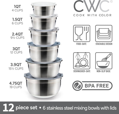 COOK WITH COLOR Stainless Steel Mixing Bowls Set with Lids - Nesting Bowls with Non-Slip Bottom, Sage, 12 Pieces