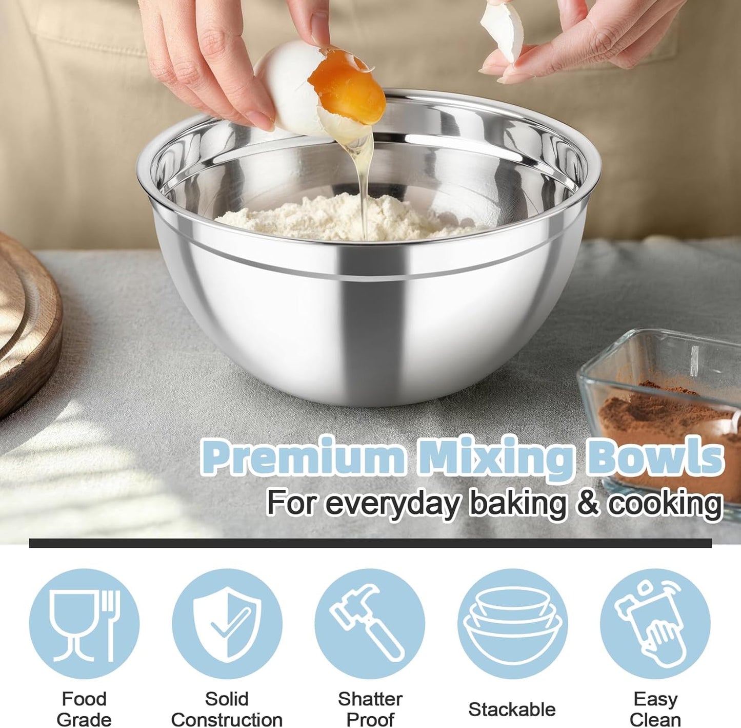 TeamFar Mixing Bowls, Stainless Steel Nesting Salad Bowls with Airtight Lids Set, For Serving/Mixing/Storing, Healthy & Long-lasting, Dishwasher Safe & Easy Clean, 4.6/3 / 1.5 QT, Colorful