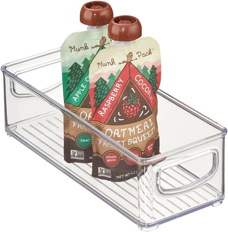mDesign Stackable Plastic Food Storage Bin with Handles for Kitchen Pantry, Cabinet, Refrigerator, Freezer - Organizer for Fruit, Yogurt, Squeeze Pouches - BPA Free, 10" Long - Clear