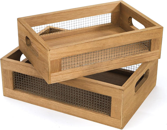 Dicunoy Set of 2 Decorative Wooden Crates, Rustic Countertop Nesting Basket with Handle, Antique Small Storage Containers for Fruit, Veggies, Kitchen, Bathroom, Shelf, Pantry, Gift Basket