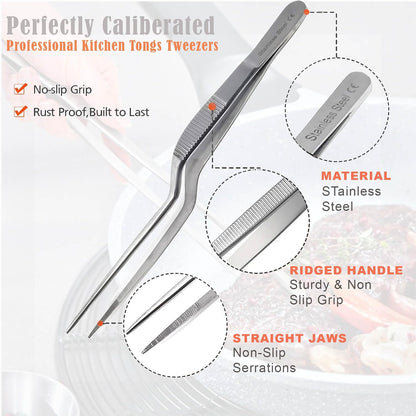 A2Z Offset Kitchen Tweezers, Stainless Steel Precision Tongs For Cooking, Fine Point Serrated Tips Multi-function Cooking Tongs Kitchen Serving Tong, Plates Garnish, Cake Decorating (10 inch)