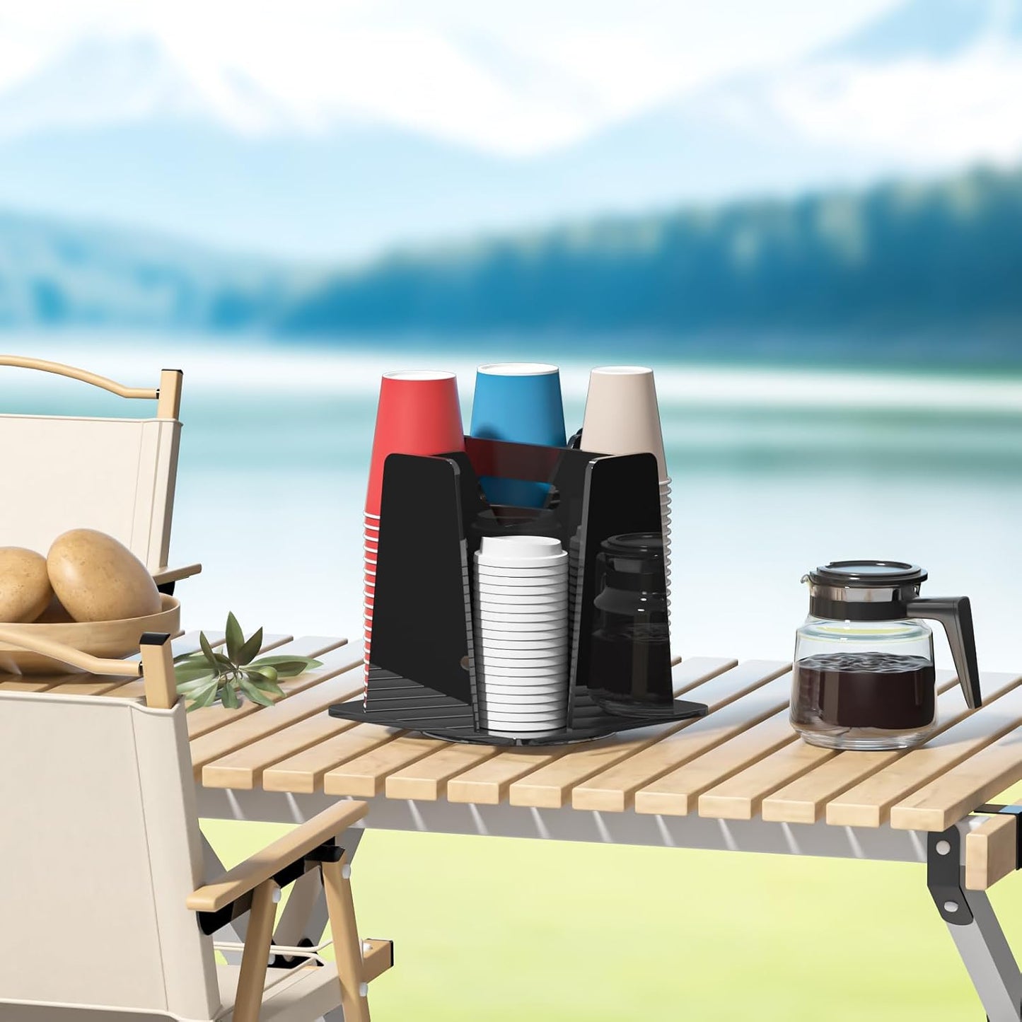 WINFFOR Coffee Cup Holder for Countertop - 4 Compartments Clear Rotating Disposable Cup Organizer Plastic Cup Storage Lid Carousel Coffee Bar Accesories for Restaurant Breakroom Kitchen Cabinet