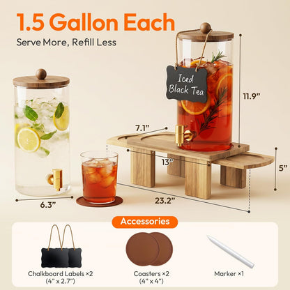 1.5 Gallon Drink Dispenser for Parties (2 Pack) - Glass Beverage Dispenser with Wood Stand, Stainless Steel Spigot & Coasters, Large Beverage Container for Hosting, BBQ, Lemonade, Juice & Iced Tea