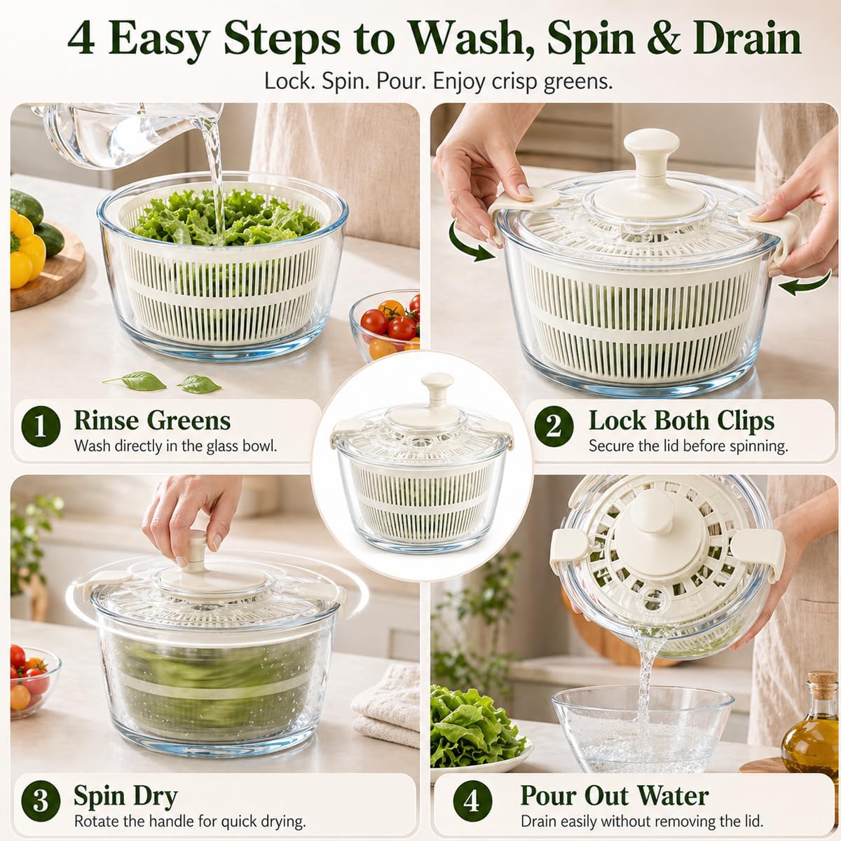 Large 5.2 Qt Glass Salad Spinner with Storage Lid Glass Bowl Black