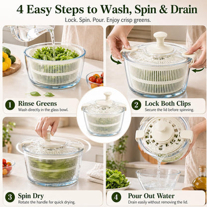 Large 5.2 Qt Glass Salad Spinner with Storage Lid Glass Bowl Black