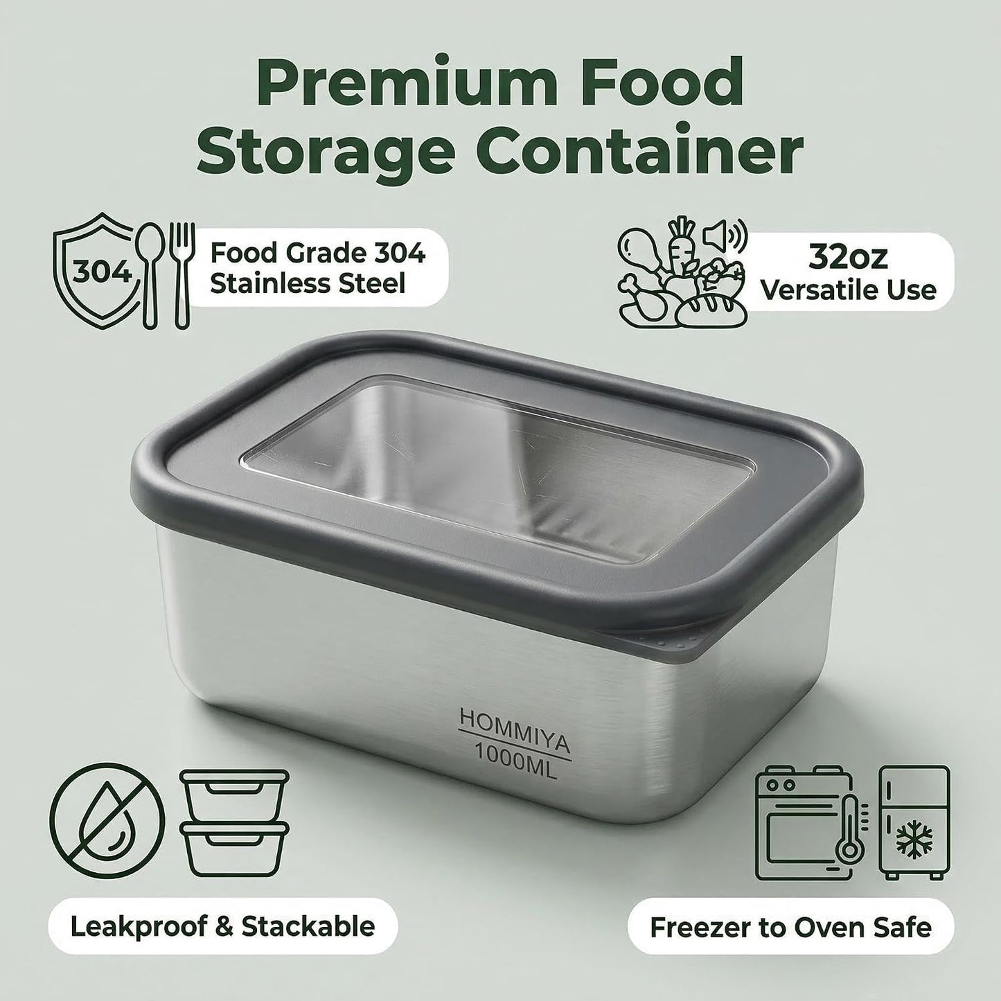 Stainless Steel Food Storage Containers with Leak-Proof Silicone Lid, Set of 3(32oz), Reusable Bento Lunch box for Snacks & Meal Prep, Oven/Dishwsher/Freezer Safe