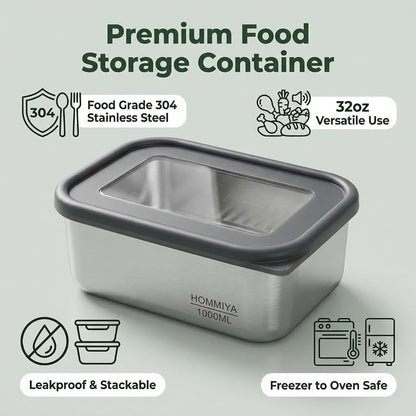 Stainless Steel Food Storage Containers with Leak-Proof Silicone Lid, Set of 3(32oz), Reusable Bento Lunch box for Snacks & Meal Prep, Oven/Dishwsher/Freezer Safe