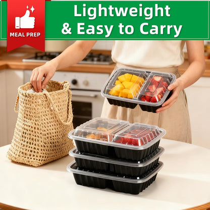 Meal Prep Containers 2 Compartment 15 Pack, 28 oz Divided Reusable Food Storage Containers with Lids Takeout Food Storage Containers Black, Microwave Dishwasher Freezer Safe, Stackable, BPA Free