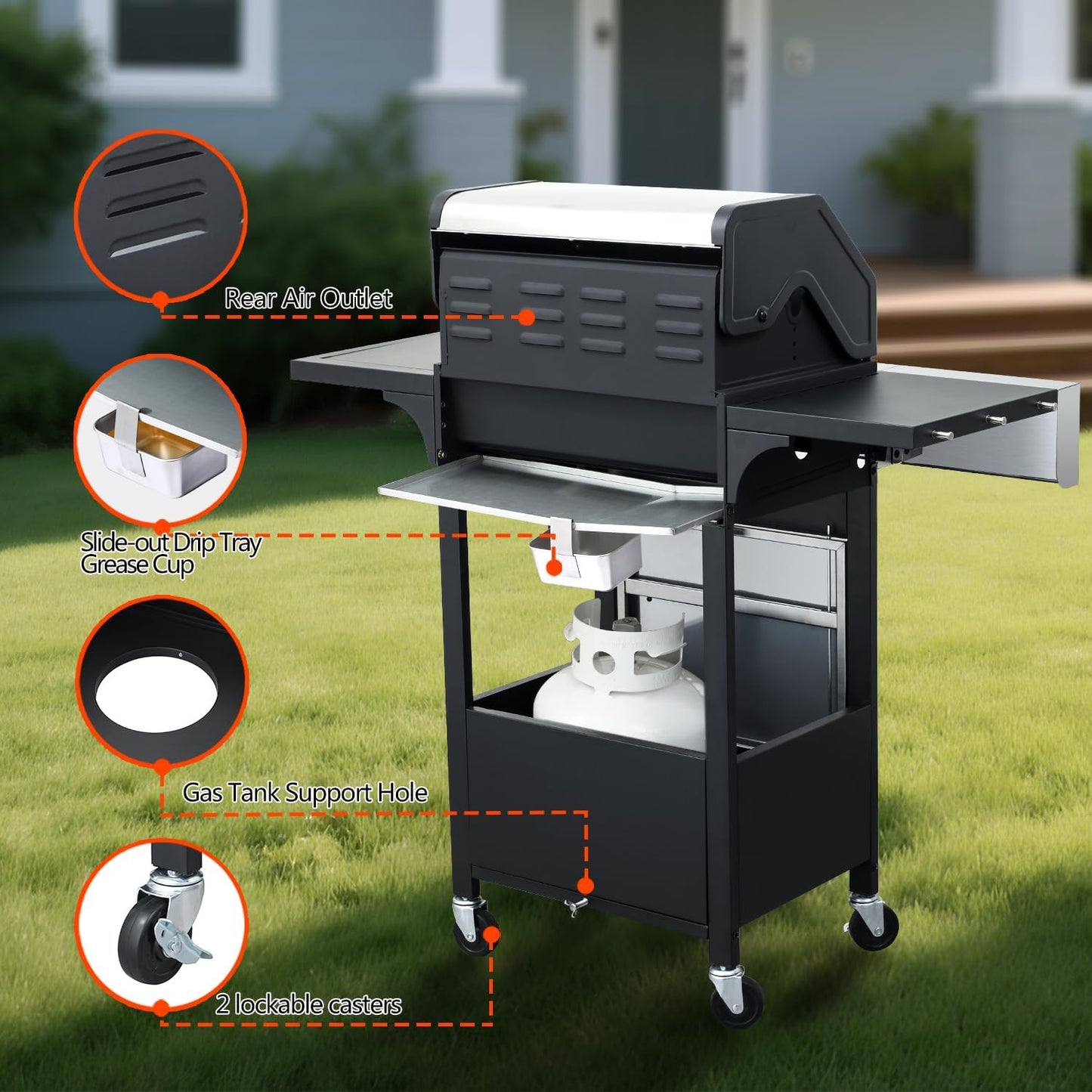 69000 BTU Output Propane Gas Grill with Side Burner and 6 Main Burners - Double-layer Stainless Steel Lid, Cast Iron Grids and Plate, Easy-Clean Grease Management for Perfect BBQs