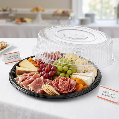 Frcctre 12 Pack 12 Inch Plastic Serving Tray with Lid, Disposable Plastic Food Serving Platters with Clear Dome Lids, Stackable Round Trays for Party, Takeout Food, Catering, Picnic