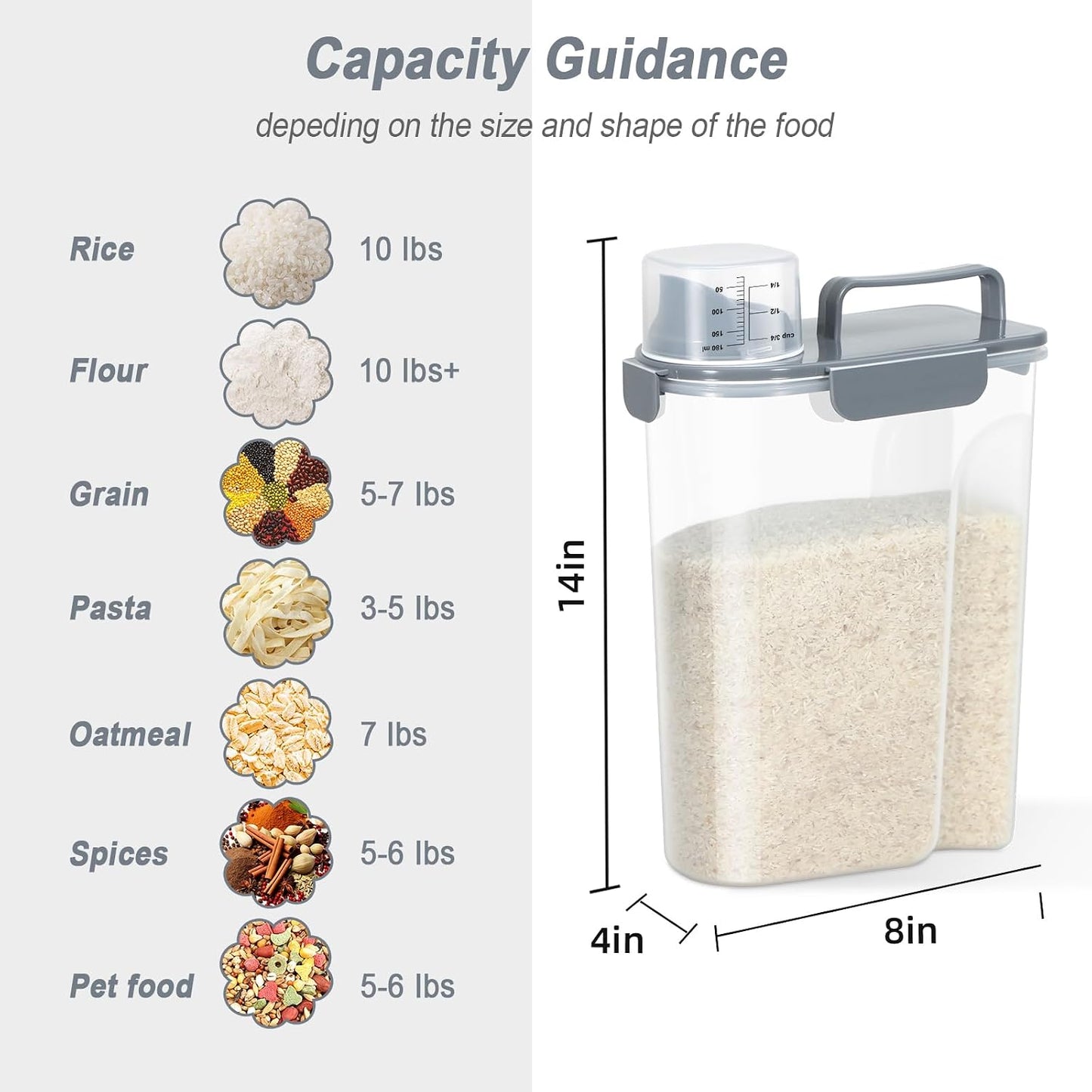 LEAWALK Airtight Rice Storage Container, 3-5Lbs Cereal Dry Food Flour Bin, Pet Dog Cat Food Dispenser with Measuring Cup, BPA Free Plastic Kitchen and Pantry Organization Bin for Sugar-Clear Grey