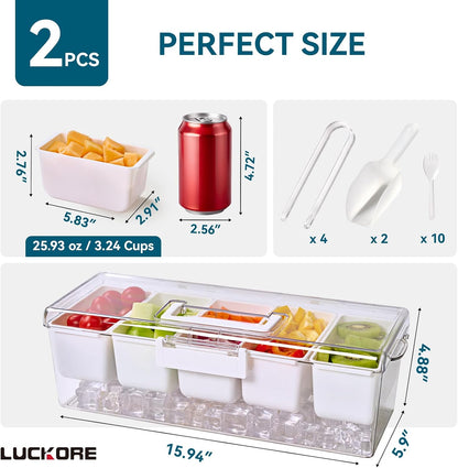 Luckore 2 Pack Chilled Condiment Tray Server with 5 Removable Small Compartments Containers & Hidden Handle Design, Ice Chilled Condiment Organizer, Garnish Serving Tray for Camping, Fruit, Salad