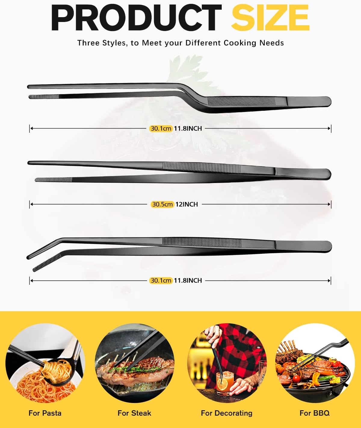 Fine Cooking Tweezers Set, Professional Stainless Steel Food Tongs, Kitchen Black Long Chef Tweezer for Cooking, Plating, Decorating and BBQ (SILVER, 12 inch)