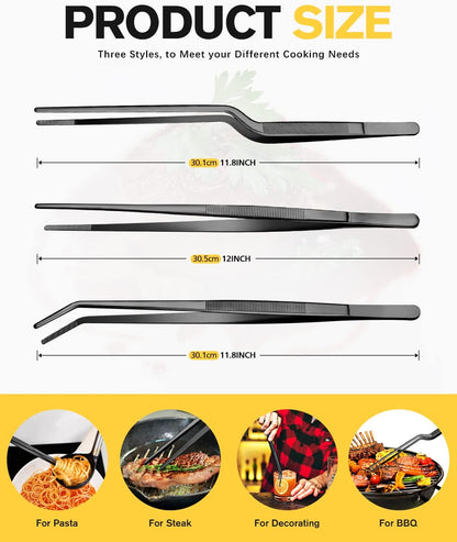 Fine Cooking Tweezers Set, Professional Stainless Steel Food Tongs, Kitchen Black Long Chef Tweezer for Cooking, Plating, Decorating and BBQ (SILVER, 12 inch)