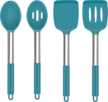 TeamFar Kitchen Utensils, 4 PCS Silicone Cooking Utensils Spatula Spoon Set with Stainless Steel Handle, for Frying Mixing Draining Turning, Healthy & Heat-proof, Non-stick & Dishwasher Safe - Black