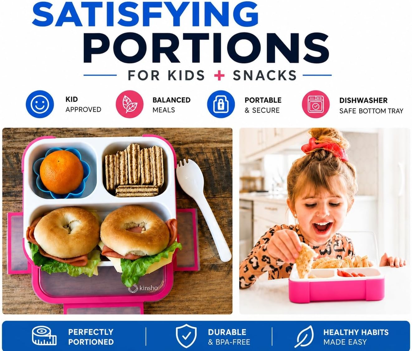 kinsho Medium Bento Boxes for Kids, Lunch Box for Boys Girls Toddler Adults, Leak-Proof 3 Compartment Containers for Meal or Snack at School Daycare Work Travel, BPA Free 2 Pack (Pastel Blue + Pink)