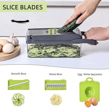 Vegetable Chopper with Container 16-in-1, 7 Blades Food Dicer Veggie Slicer | Onion, Tomato, Salad, Slap, Fruit Cutter with Sharp Stainless Steel Blades, All-in-One Kitchen Prep Tool