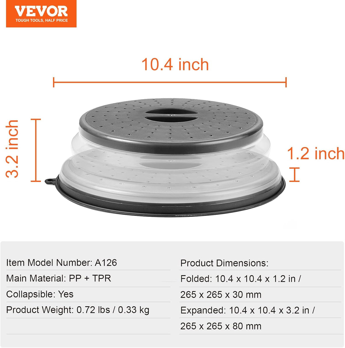 VEVOR Microwave Splatter Covers, 10.4" Collapsible Microwave Lid for Food, 300°F Heat-Resistant PP Splatter Guard for Plate Dish, Multi-Use Kitchen Colander Gadget for Washing Fruits Vegetables