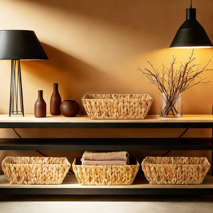 Novabright 4 Pcs Water Hyacinth Storage Baskets 14"L x 10''W x 4.7''H Large Wicker Woven Basket with Handles Pantry Gift Baskets Natural Storage Bins for Organizing Countertop
