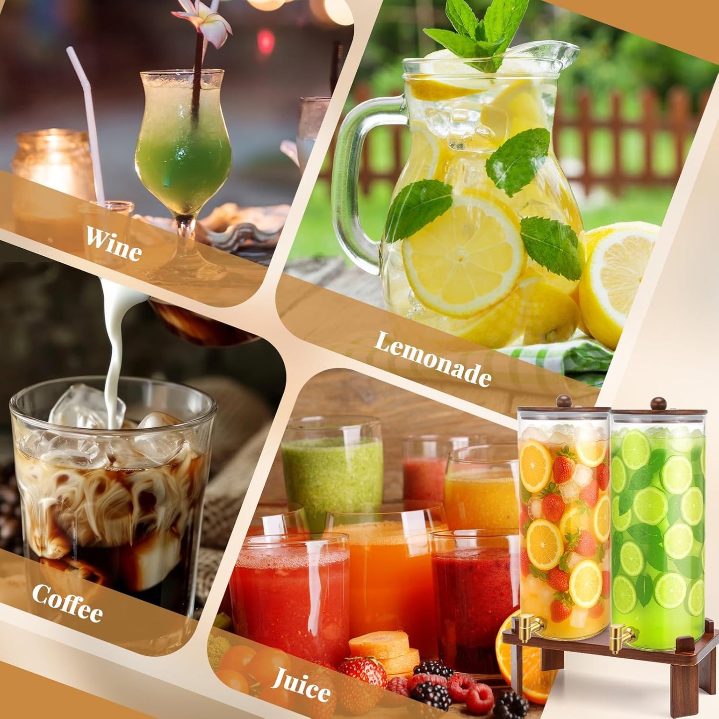 FillTouch 2 Pack 5 Gallon Glass Drink Dispenser with Acacia Wood Stand and Lid, Large Glass Beverage Dispenser with Spigot Perfect for Juice, Tea, Sangria, Lemonade, Weddings, Party, Outdoor Events