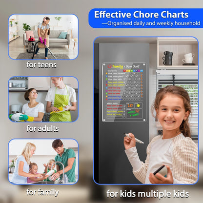 PigPotParty 2-in-1 Acrylic Magnetic Chore Chart for 2 Kids, Couples, Roommates, 15"x11" Large Dry Erase Chore Board for Fridge, Clear Weekly & Daily Reward Chart, Includes 12 Markers & Towel