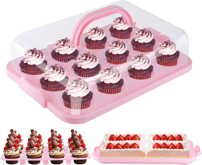 Cake Carrier with Lid, Cake Holder Cupcake Container for 12 Cupcakes 2 in 1 Portable Dessert Container for Pie Muffin Cobbler (Red)
