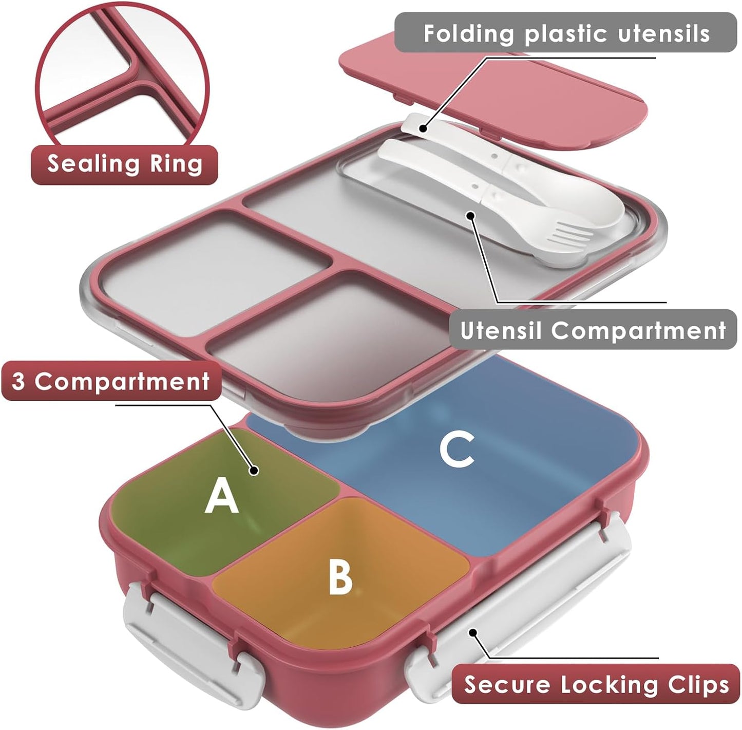 WHALEHOUSE Bento Lunch Box, 1300ML 4 Compartments Meal Prep Container with Utensil, Airtight Food Storage Container with Snap Locking Lids, Microwave/Dishwasher/Freezer Safe, On the Go