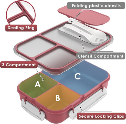 WHALEHOUSE Bento Lunch Box, 1300ML 4 Compartments Meal Prep Container with Utensil, Airtight Food Storage Container with Snap Locking Lids, Microwave/Dishwasher/Freezer Safe, On the Go