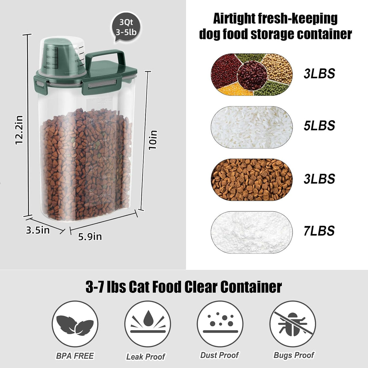 LEAWALK Airtight Small Cat Dog Pet Food Storage Containers BPA Free, with Large Pour Spout/1 Measuring Cup/ 4 Safety Locks and Double-layer Silicone Strip (Olive Gray x 2, 3L-2pack)