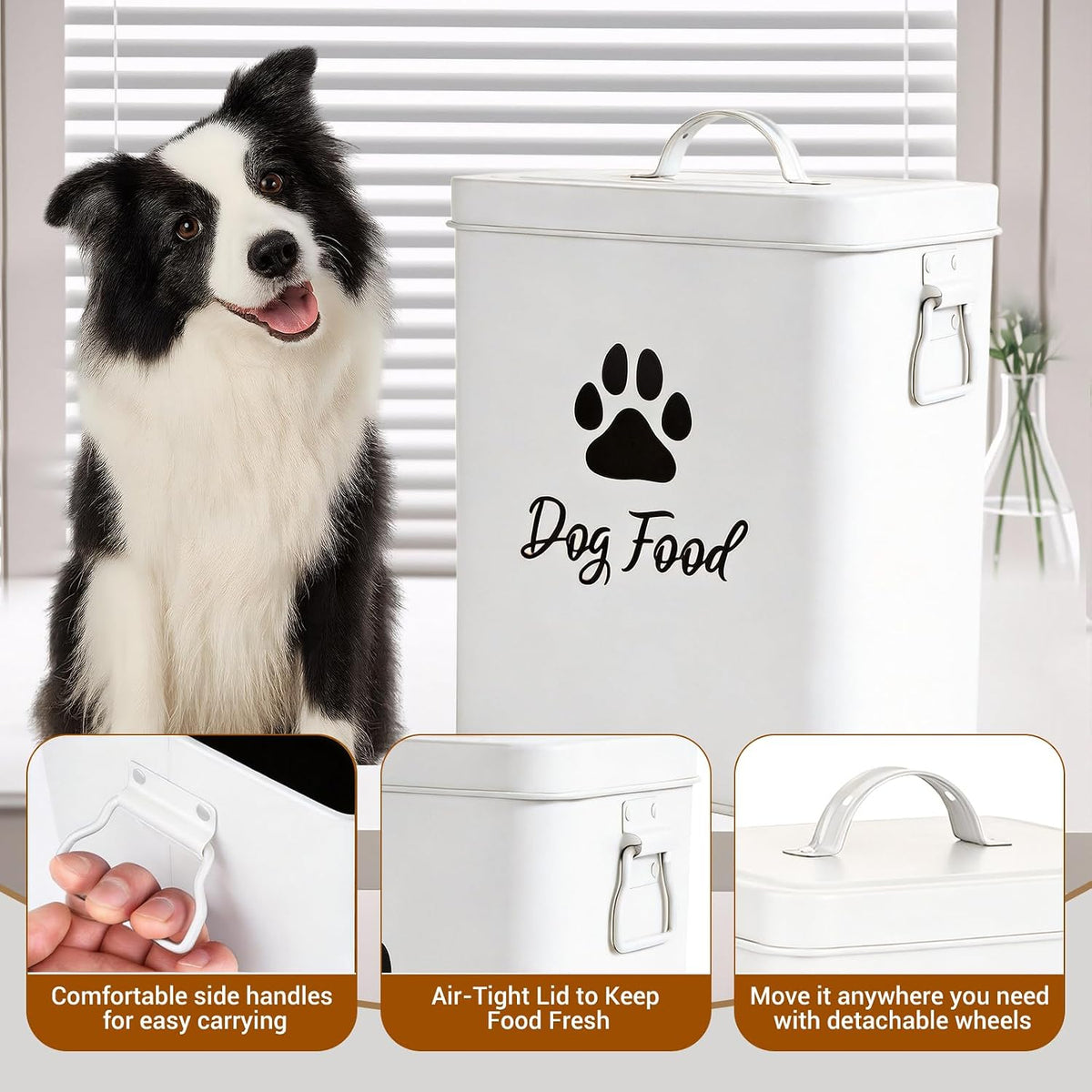Dog Food Container 13lb, Cute Airtight Pet Food Storage Containers with Metal Lid Scoop, Black Metal Storage Bin for Dog/Cat with Wheels,Easy to Move