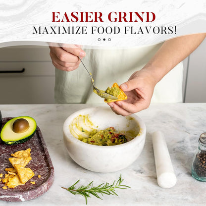 Koville Luxury Marble Mortar and Pestle Set, 7"-4cups Grinder Bowl for Guacamole, Salsa, Pill Crusher, Spice, Herb, Garlic, Nut, Heavy Duty Grinder for Kitchen