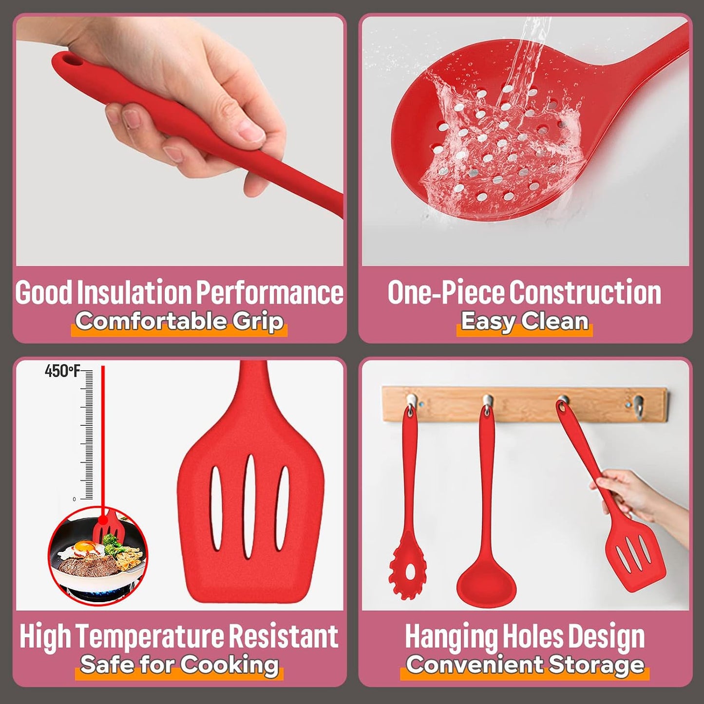 E-far Silicone Cooking Utensils Set, 7-Piece Black Heat Resistant Kitchen Utensils Set, Kitchen Nonstick Tools Spatula Ladle Spoon Pasta Server for Non-stick Cookware, Non-Toxic & Dishwasher safe