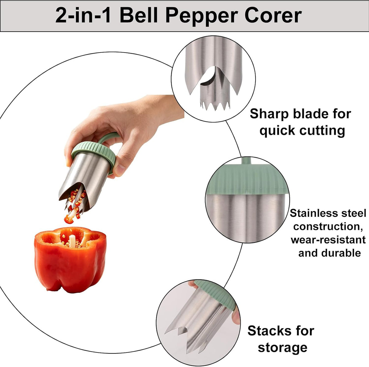 NQEUEPN 2-in-1 Pepper Corer Seed Remover Tool (Green)