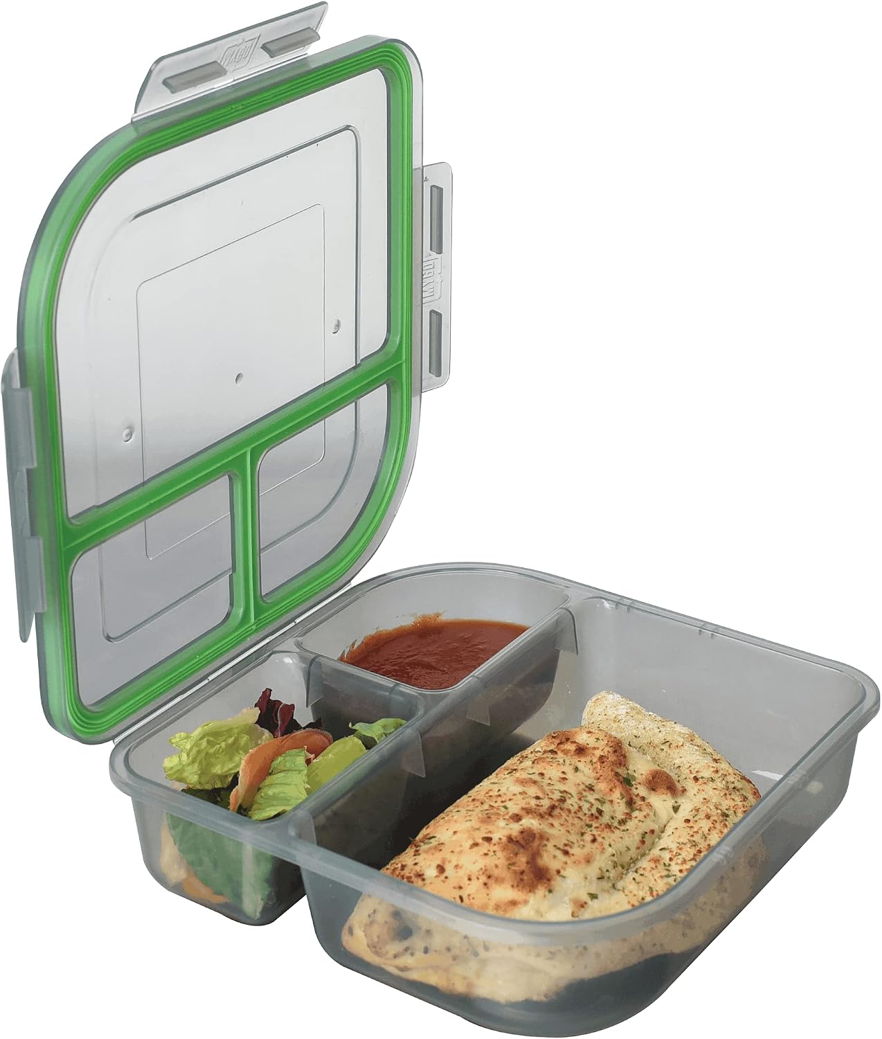 MyGo Container Large To-Go 3-Compartment Food Containers, Pack Of 3, 9-3/8" X 9-3/8" X 2-1/2", Reusable, Microwave Safe, NSF Certified, Smoke/Green